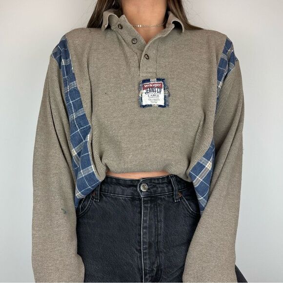 Wrangler Reworked Flannel Sweater Brown Relaxed Oversized Western Shirt Top - Picture 2 of 4
